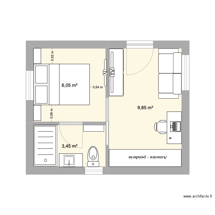 studio. Plan de 3 pièces et 19 m2