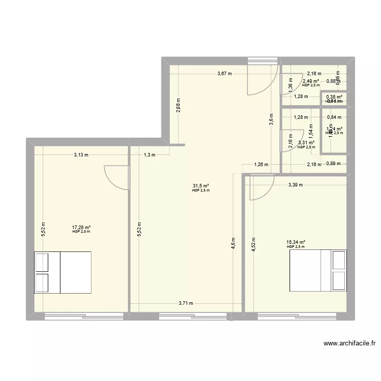 juan sans cloison. Plan de 7  et 72 m²