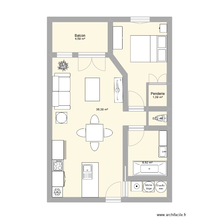 T1 APPART. Plan de 5 pièces et 49 m2