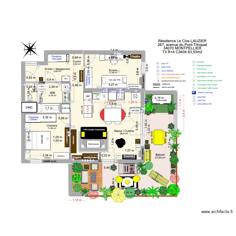 T3 C3404 _ Résidence Le Clos Lauzier 4 (cuisine 2,4m choix 5). Plan de 8 pièces et 91 m2