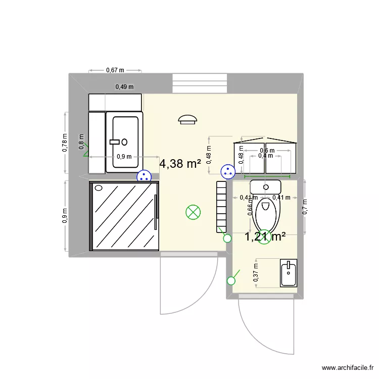 SDB 1er V3. Plan de 2  et 6 m²