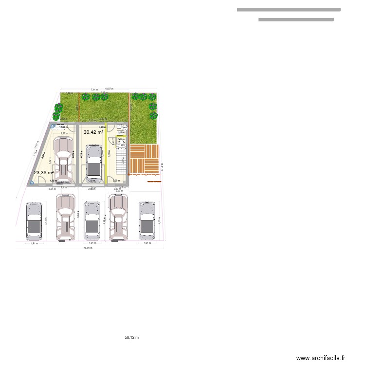 rez de chaussée 1er essai. Plan de 2 pièces et 54 m2