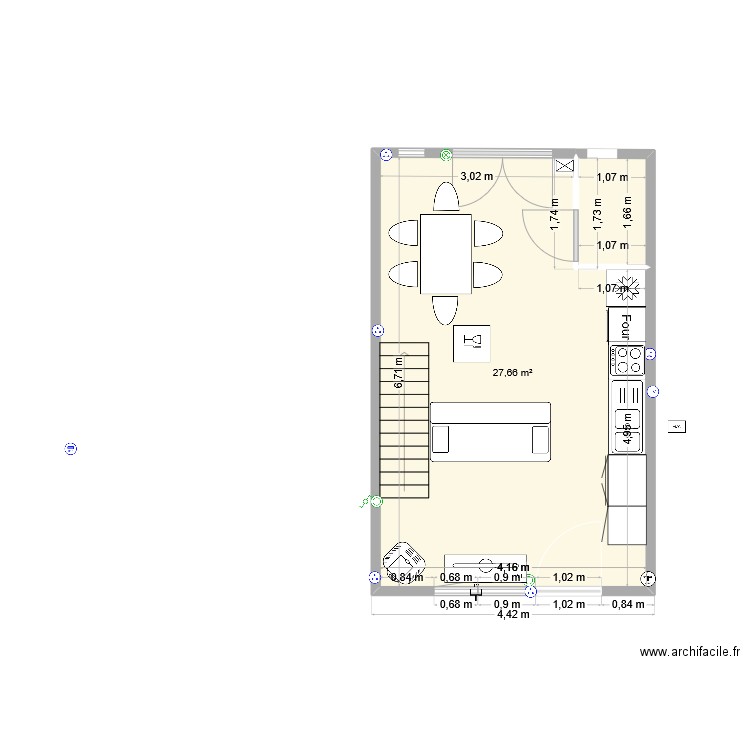 Cuisine été + chambre. Plan de 1 pièce et 28 m2