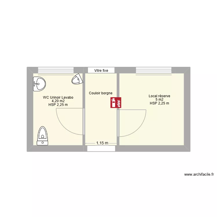 Local WC et r&eacute;serve ext&eacute;rieur salle billard. Plan de 3  et 12 m²