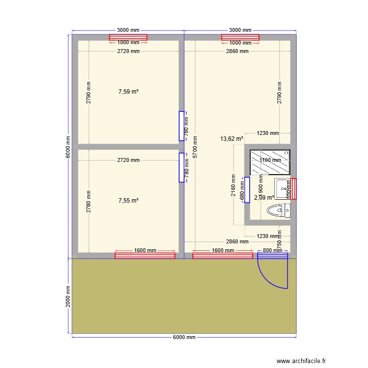 Глэмп 2м Б. Plan de 5 pièces et 41 m2