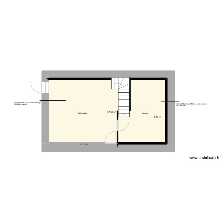 Le PEZ RDC placo. Plan de 3 pièces et 38 m2