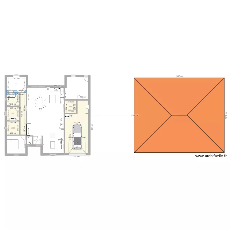 maison plain pied fa&ccedil;ade 15M.2. Plan de 