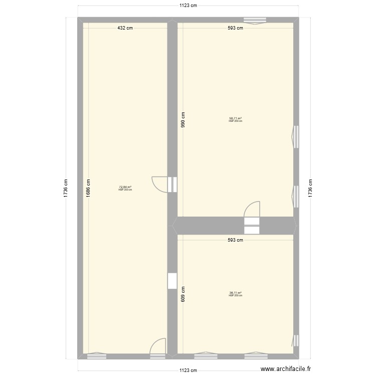 plan eva sans cloisons. Plan de 3 pièces et 168 m2