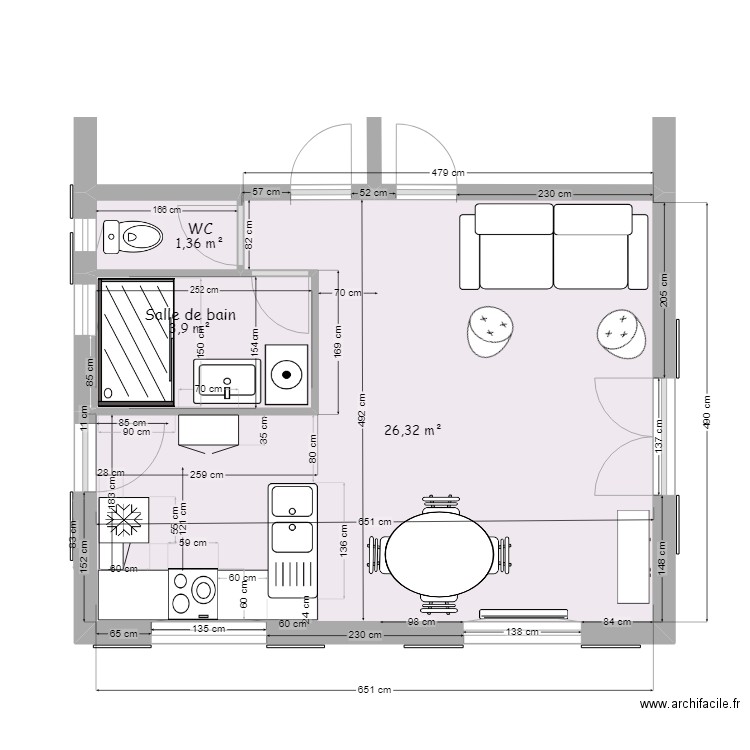 cuisine3. Plan de 3 pièces et 32 m2