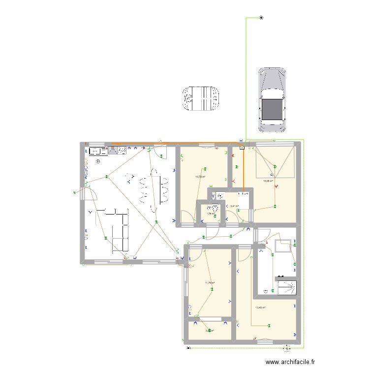 cha. Plan de 7 pièces et 61 m2