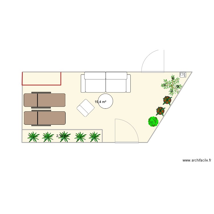 Terrasse avec deux transat et . Plan de 2 pièces et 22 m2