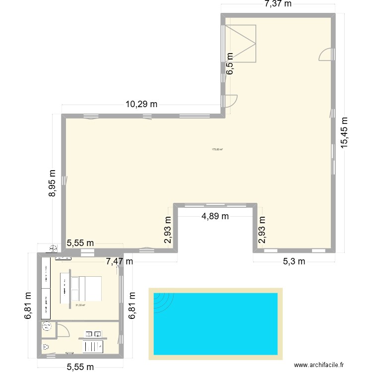 agrandissement. Plan de 2 pièces et 205 m2