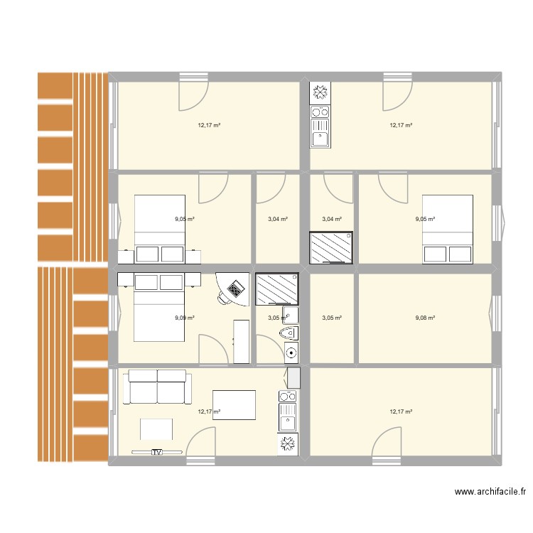 100M2 T1. Plan de 12 pièces et 97 m2