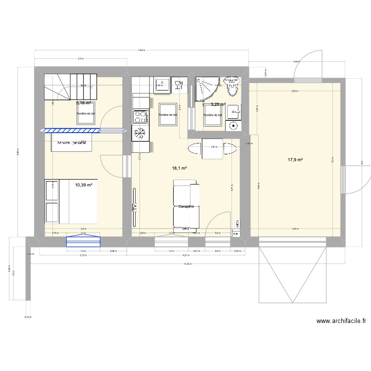 Studio sur G2 et G3. Plan de 5 pièces et 55 m2