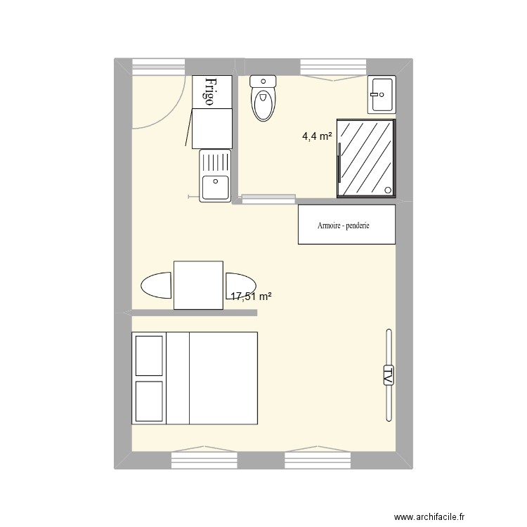 Studio LR - 2ème étage. Plan de 2 pièces et 22 m2