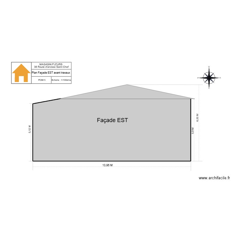 Plan Façade EST avant travaux. Plan de 1 pièce et 76 m2