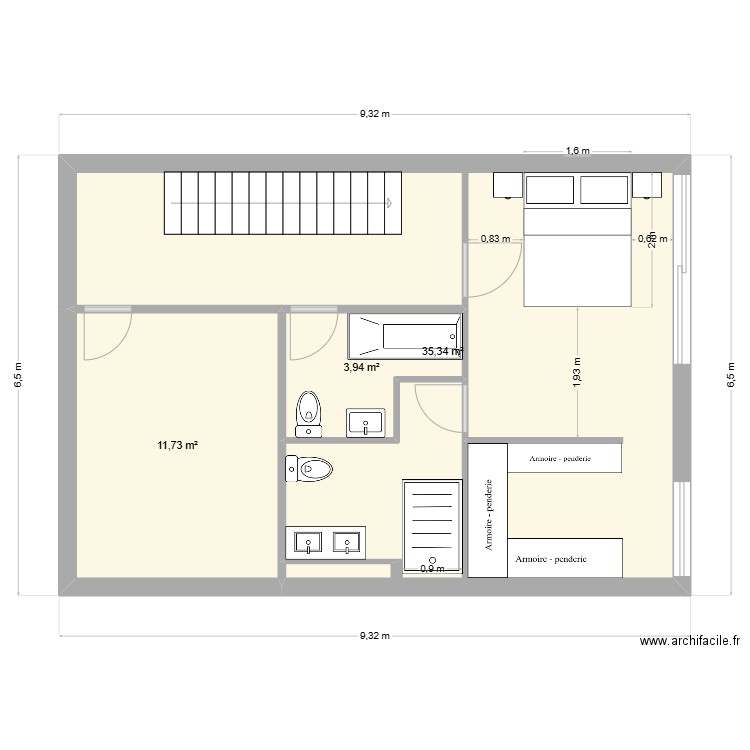 1er Claira 2 salles de bain complètes. Plan de 3 pièces et 51 m2