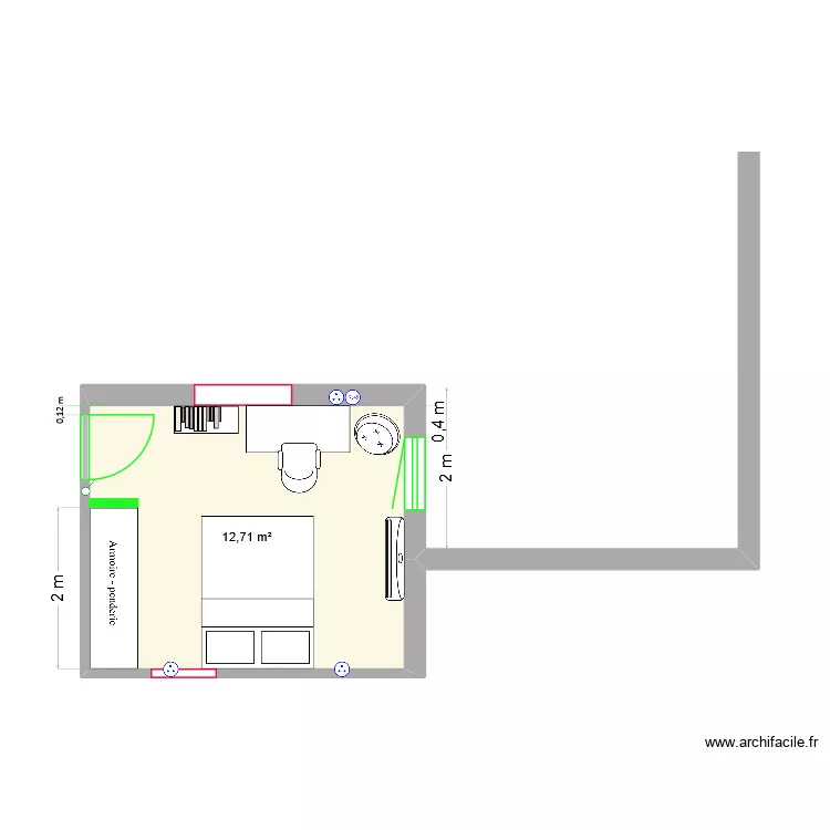Future chambre Tim&eacute;o. Plan de 1  et 13 m²