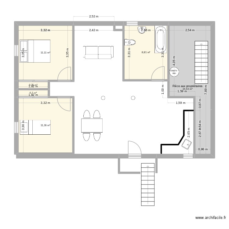 Sous-sol. Plan de 7 pièces et 47 m2