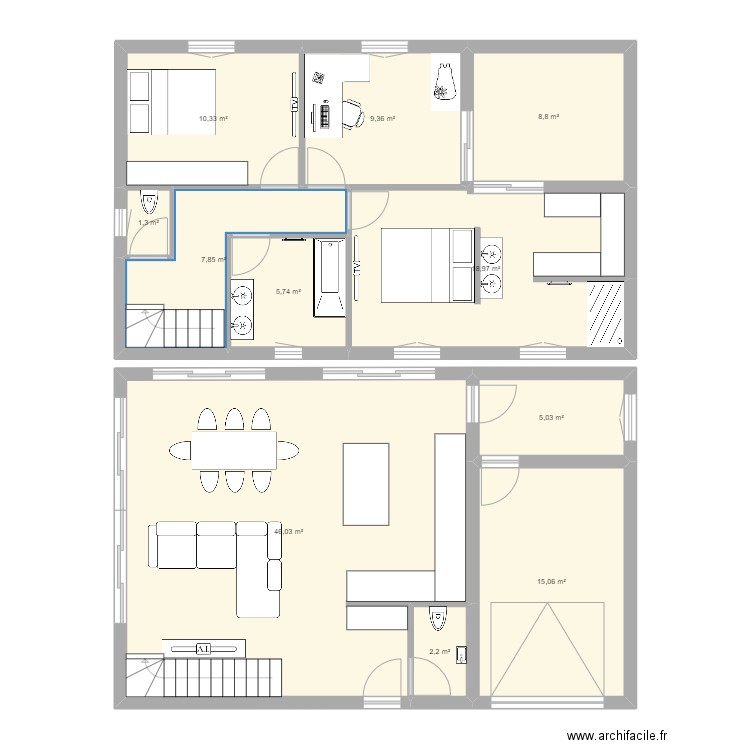 Maison étage test. Plan de 11 pièces et 131 m2