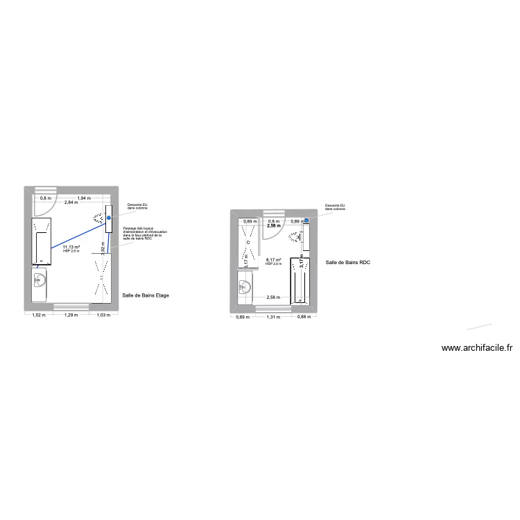 Salle de Bains RDC. Plan de 2  et 19 m²