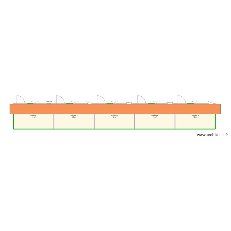 Bloc volières. Plan de 5 pièces et 50 m2