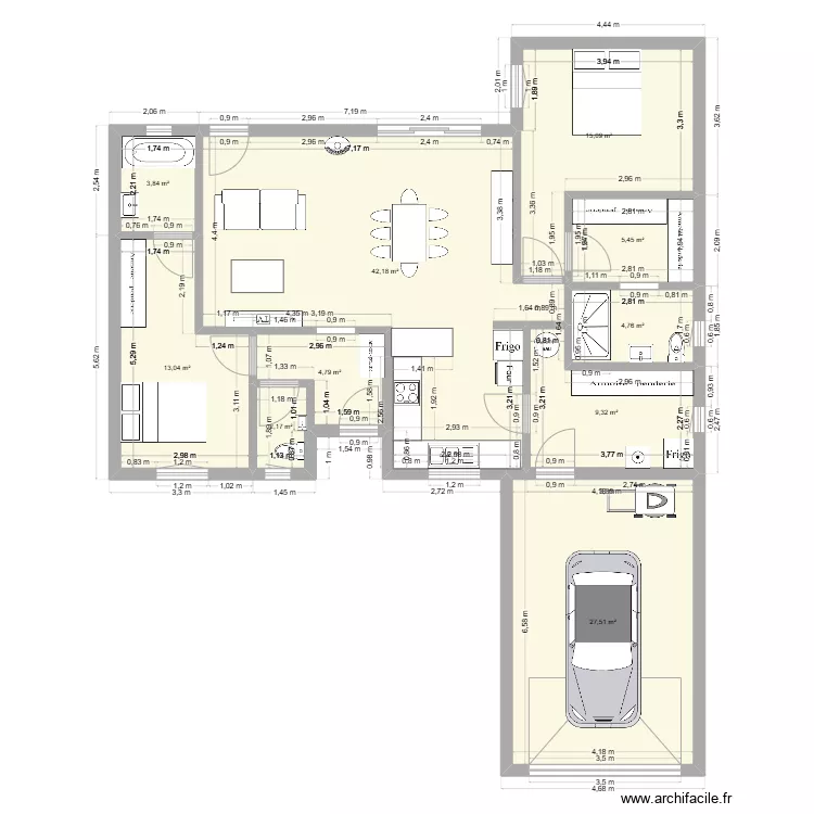 100 m2 avec 2 chambres + 28 m 2 garage . Plan de 