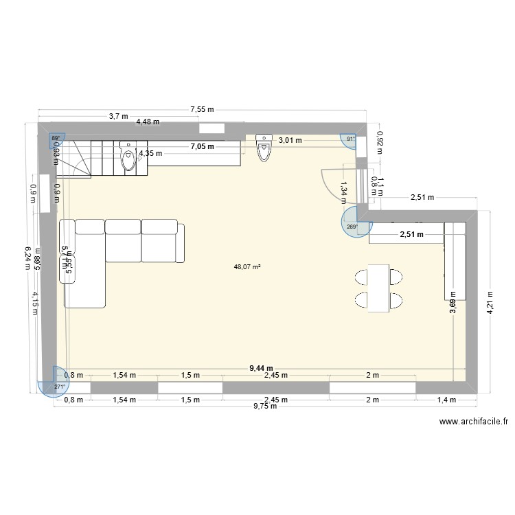 plan pointe 2 SALONS RDC   essai. Plan de 1 pièce et 48 m2