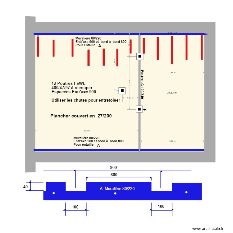 Plancher  COMBLES Détail muralière et poutres I. Plan de 3 pièces et 70 m2