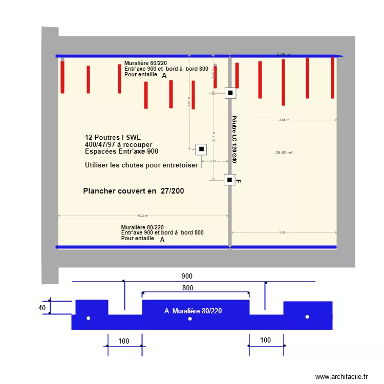 Plancher  COMBLES D&eacute;tail murali&egrave;re et poutres I. Plan de 