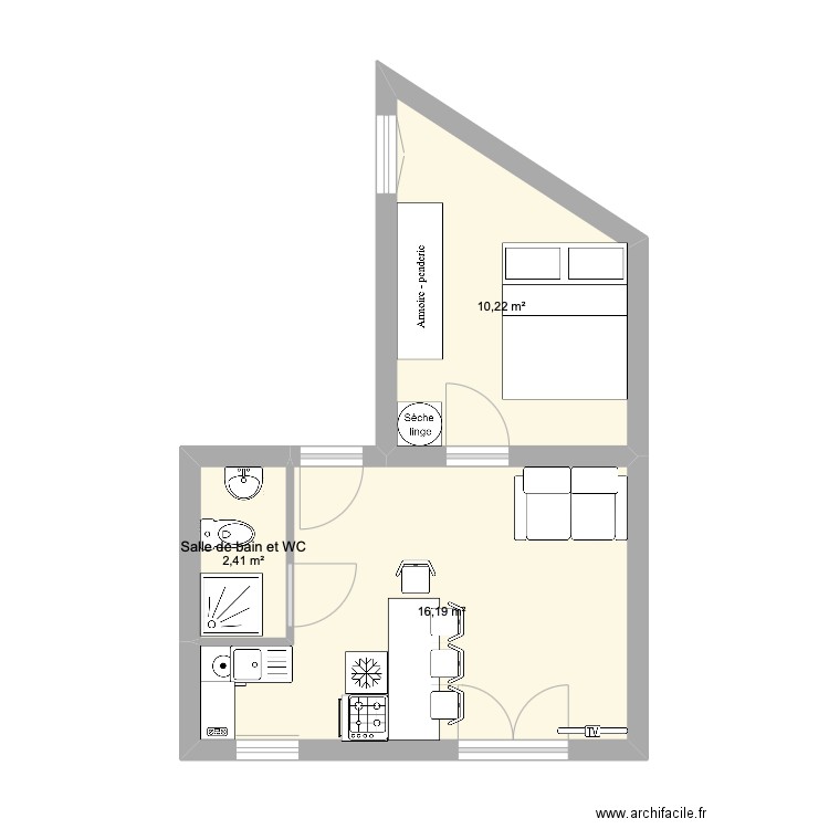 appart paris. Plan de 3 pièces et 29 m2