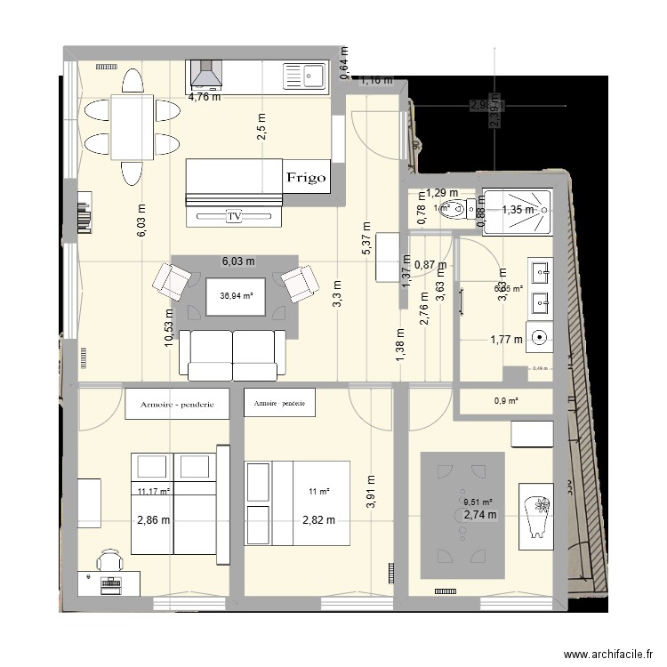 Appart tram calypso 14etage 18-05-25 avec meuble TV. Plan de 7 pièces et 77 m2