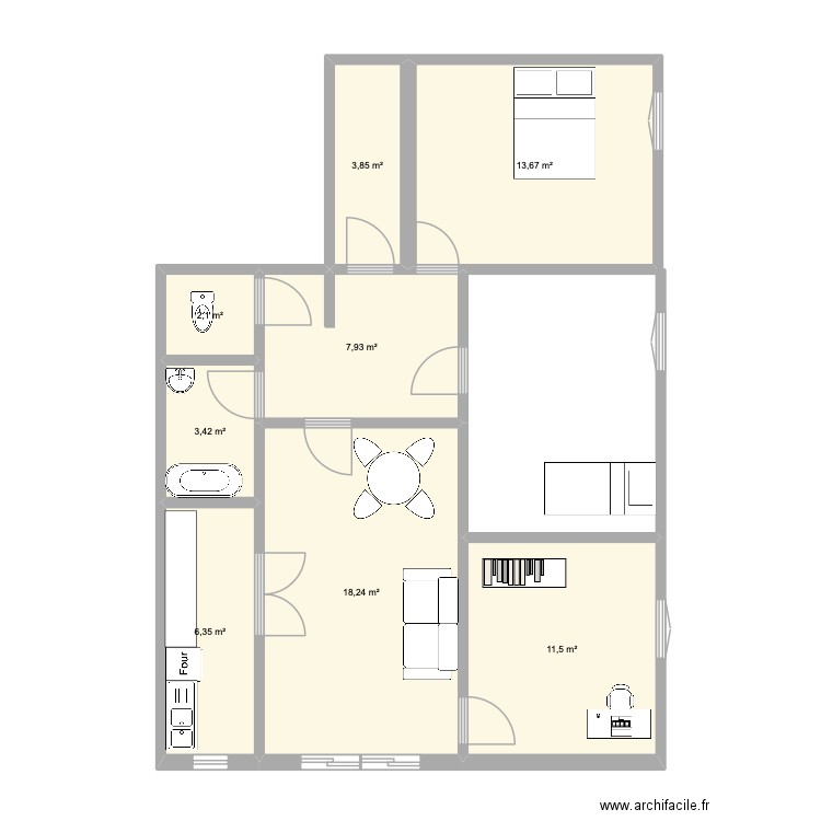 T3 appartement. Plan de 8 pièces et 67 m2