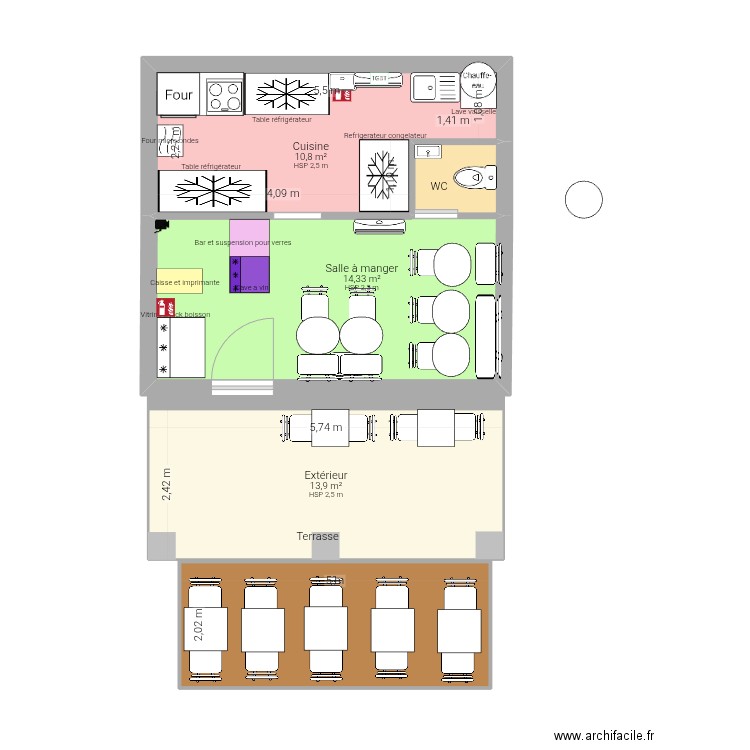 Plan du resto L'Authentic. Plan de 5 pièces et 51 m2