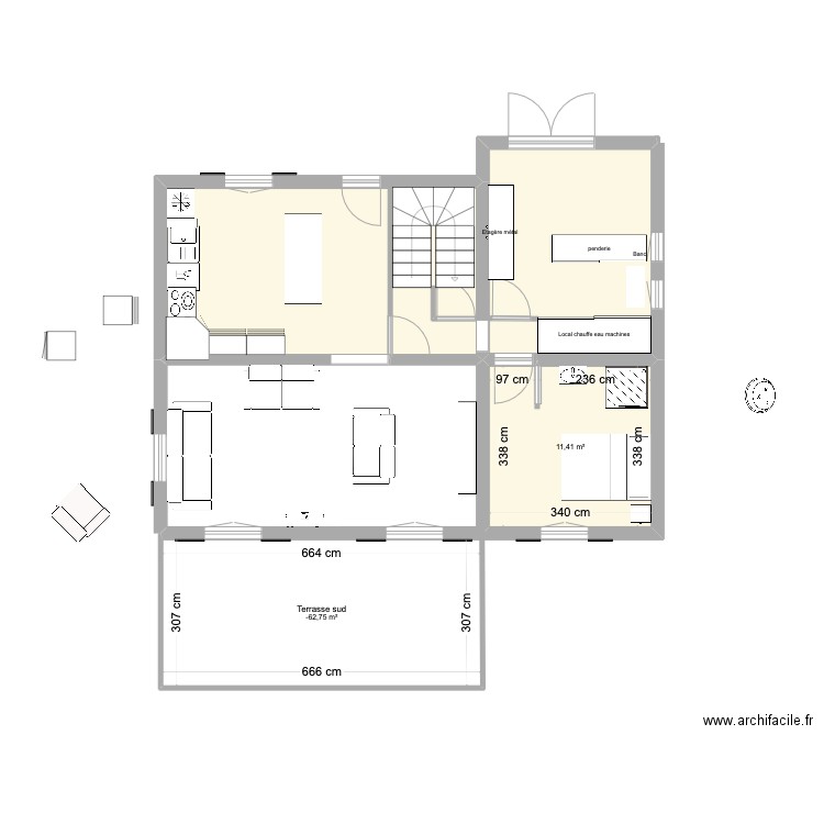 Kerfany séjour cuisine agrandie 2. Plan de 3 pièces et 32 m2