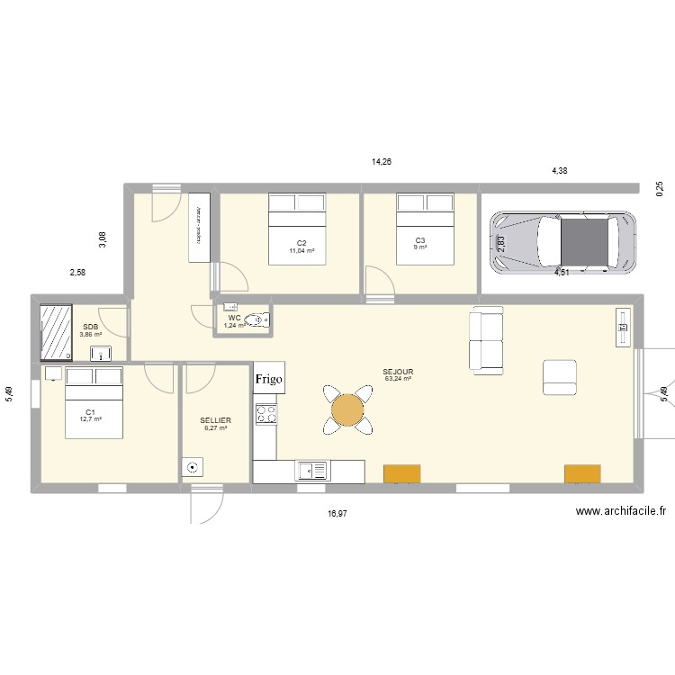 BOURG - MAMAN. Plan de 7 pièces et 107 m2