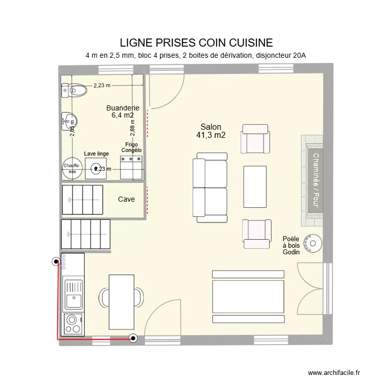 Ligne prises coin cuisine. Plan de 3 pièces et 50 m²