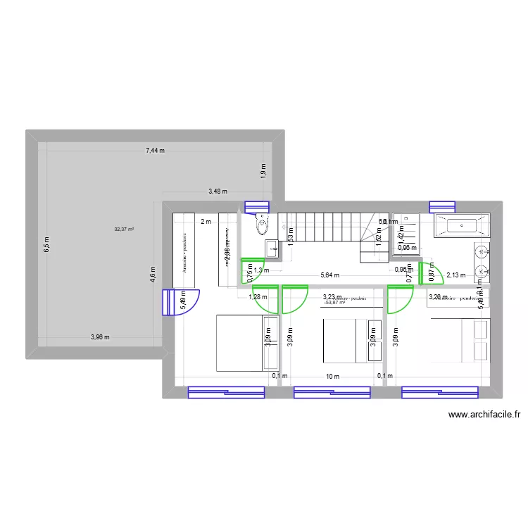 JUSTE ETAGE. Plan de 2 pièces et 83 m²