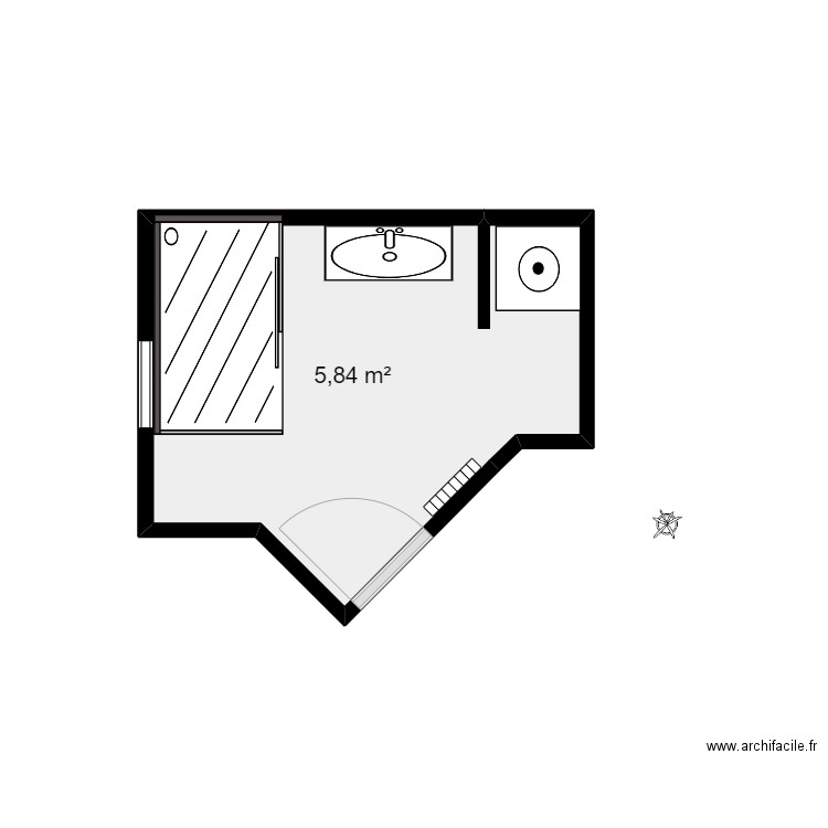 salle de bains dche rectangulaire v2. Plan de 1 pièce et 6 m2