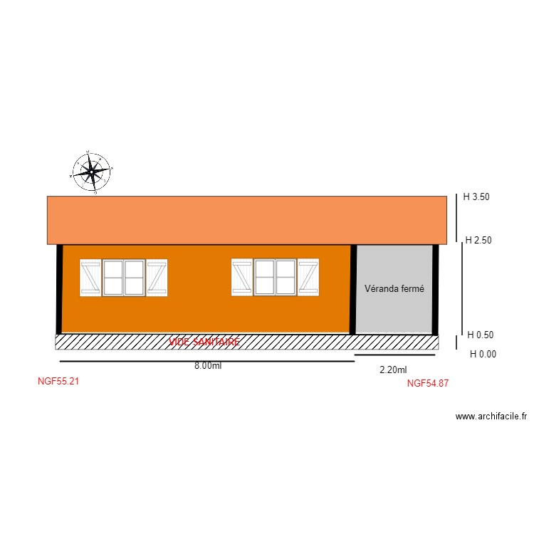 Facade OUEST              chalet OUEST. Plan de 3 pièces et 32 m2