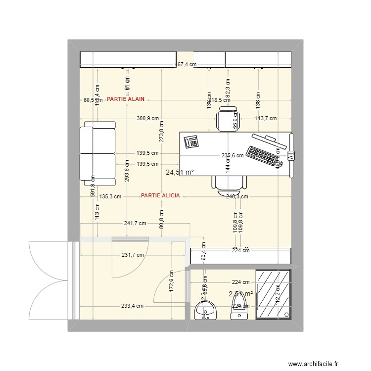 NOUVEAU BUREAU. Plan de 2 pièces et 27 m2