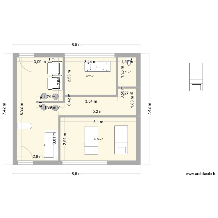 AHAVA 1er etage SS. Plan de 4 pièces et 53 m2