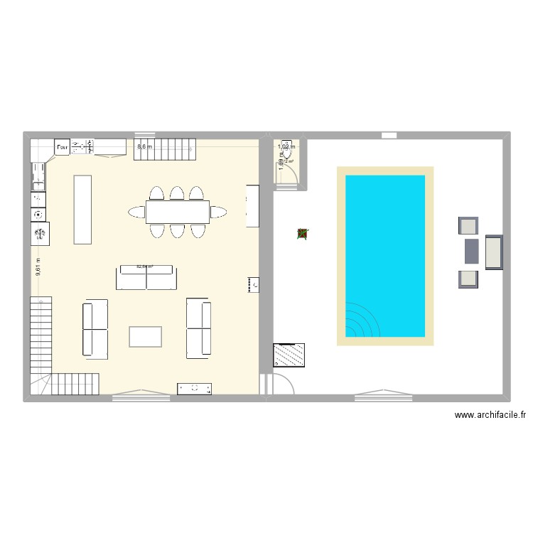 Gite HP RDC. Plan de 2 pièces et 84 m2