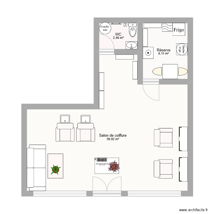 salon de coiffure. Plan de 3 pièces et 49 m2