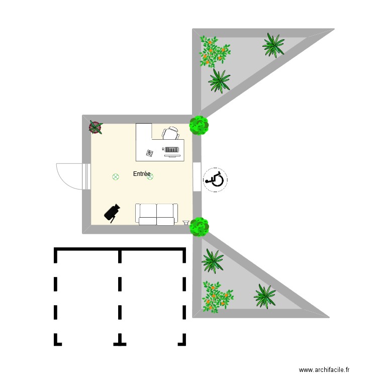 Entrée & Jardin. Plan de 3 pièces et 17 m2