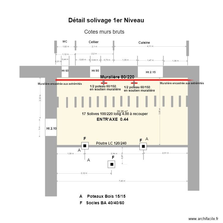 Détail solivage 1er Niveau. Plan de 1 pièce et 28 m2