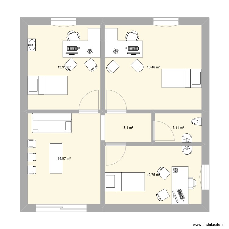 cabinet. Plan de 6 pièces et 66 m2