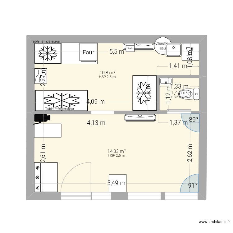 Plan du resto  wonderfood. Plan de 3 pièces et 27 m2