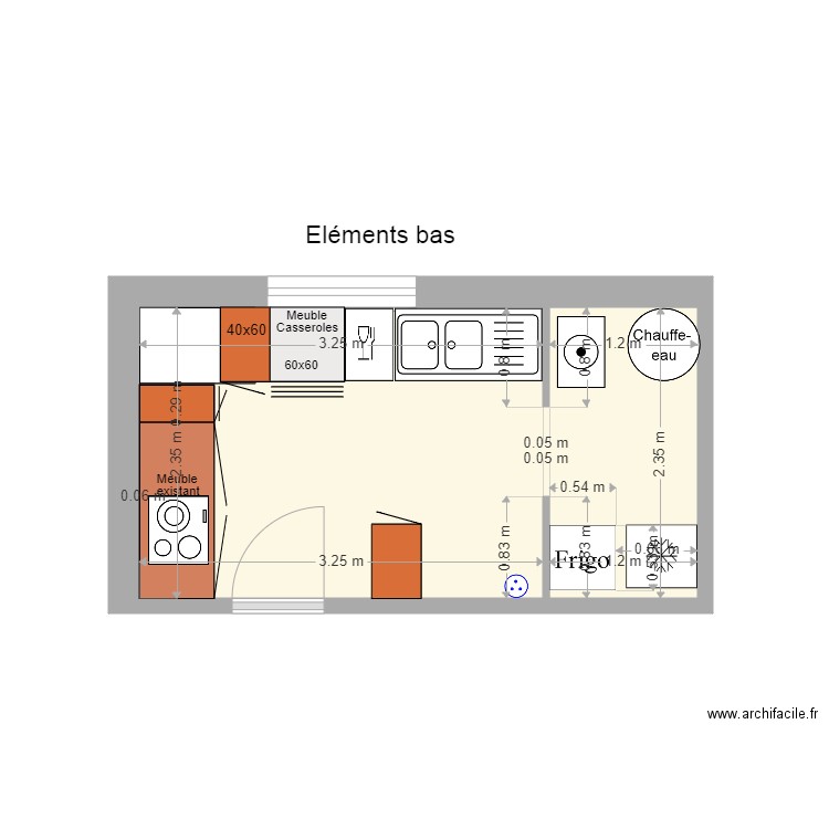 Cuisine éléments bas (bis). Plan de 1 pièce et 10 m2