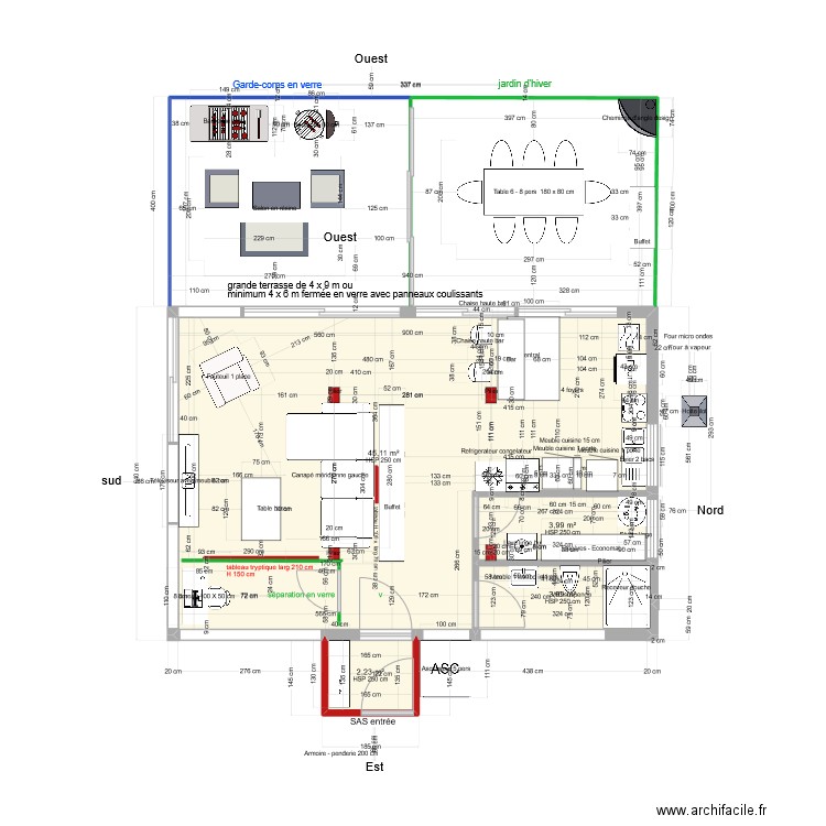 Plan Rez 54 m2  orientation Est-Ouest V2. Plan de 4 pièces et 55 m2